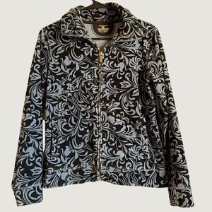 Jones New York‎ Sport Zip Jacket Small Damask Floral Cotton Blend Black Blue